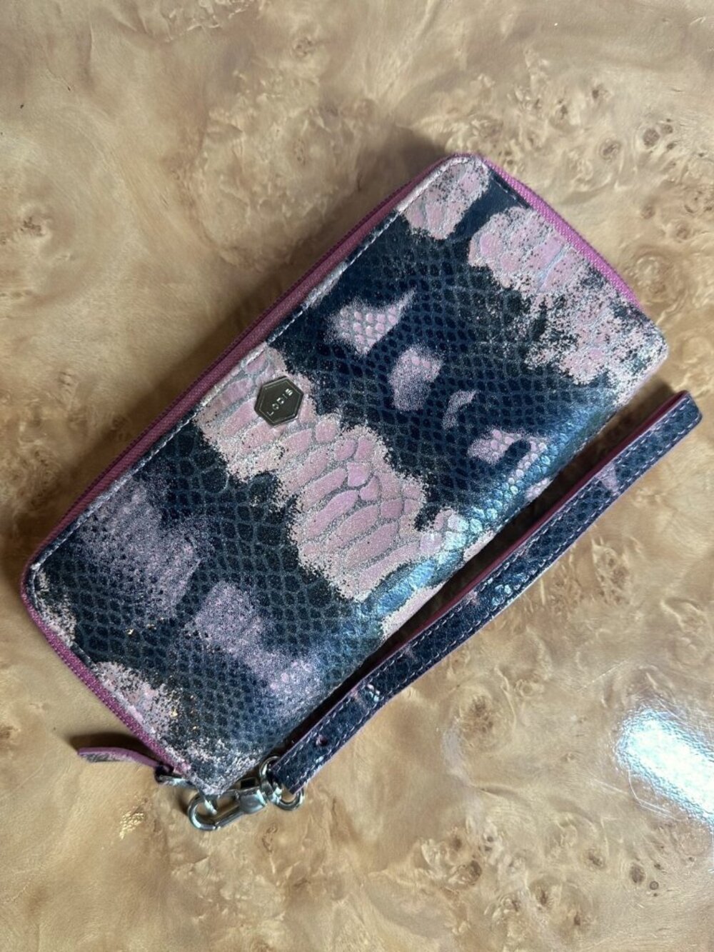 Lodis Pink Gray Snake Print Leather Zip Around Wallet Wristlet Leather Lined 8"